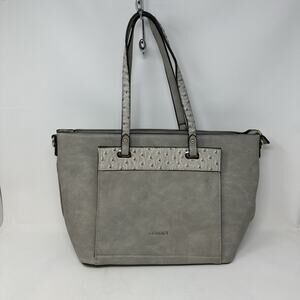 Gussaci Womens Shoulder Bag Gray Leather Ostrich Trim Crossbody Strap Classic